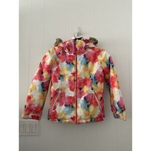 ROXY DryFlight 10K Girls Floral Snowboard Ski Jacket Faux Fur Hood Size 8 Small
